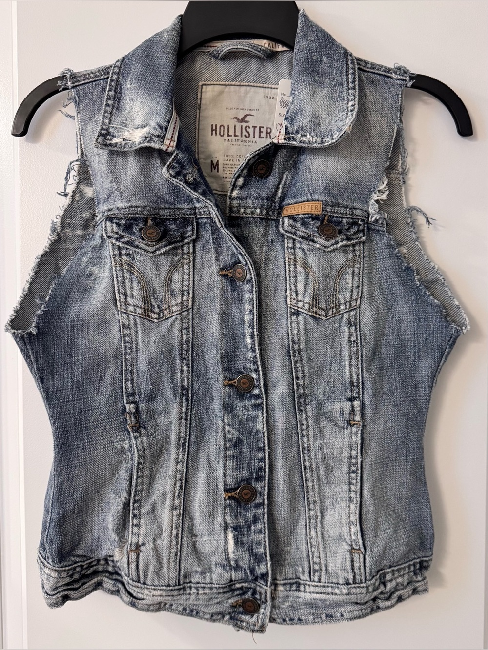 #x534 - Hollister Distressed Raw Edge Medium Wash Blue Denim Jean Jacket Vest